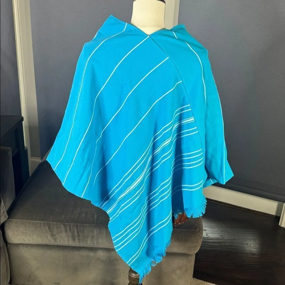 Adult Unisex Blue Striped Poncho Towel & Headband 100% Cotton Turkish Robe NEW
